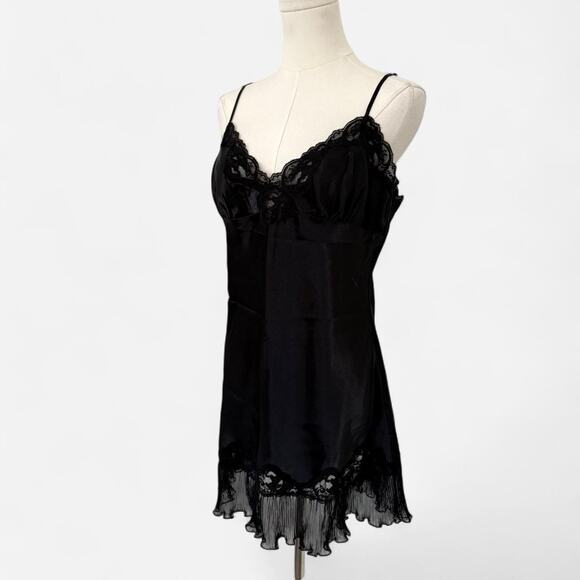 VTG Y2K Frederick's of Hollywood Black Satin Floral Lace Trimmed Mini Slip Dress - Picture 5 of 8